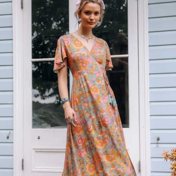 Boho orange floral print wrap maxi dress v neck - Picture 2 of 8